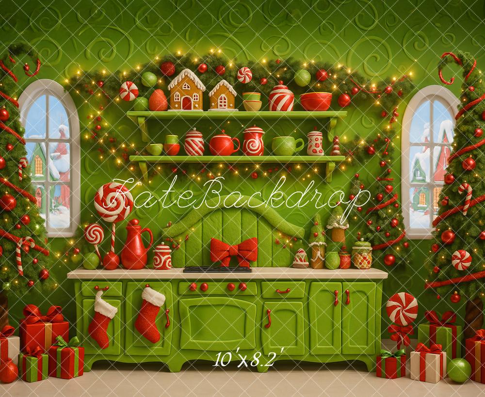 Kate Christmas Green Kitchen Gingerbread Trees Backdrop Designed by Ashley Paul
