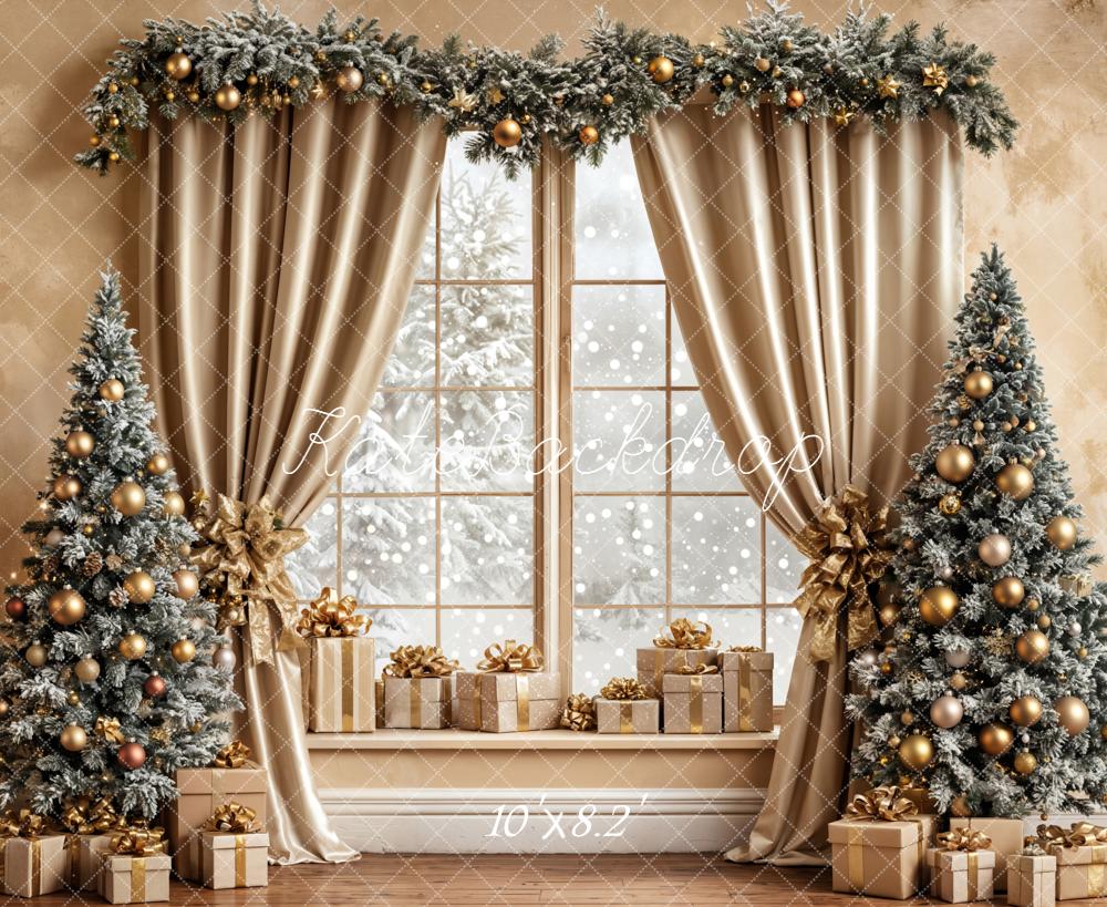 Kate Christmas Window Trees Gold Curtain Backdrop Designed by Emetselch -UK
