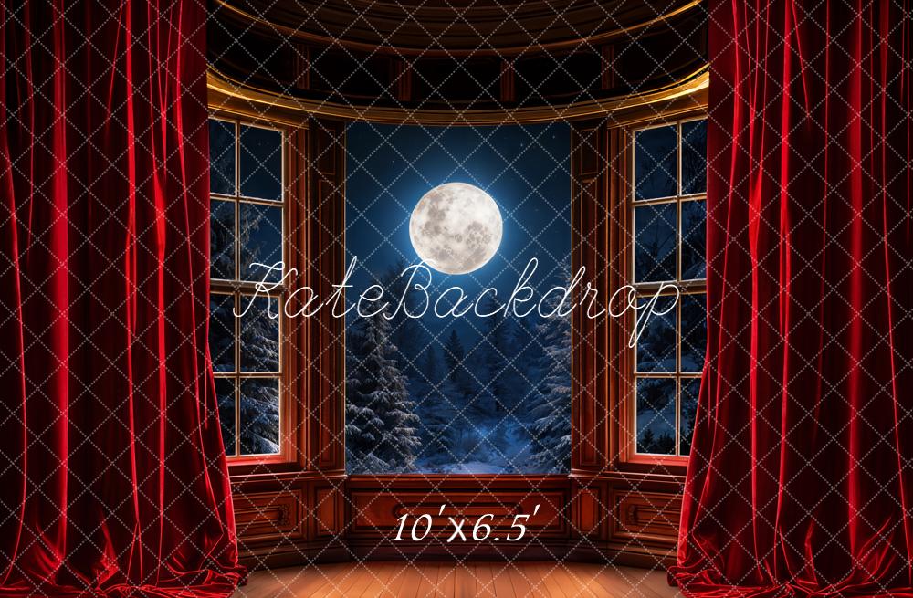 Kate Christmas Window Full Moon Red Curtains Fleece Backdrop Designed by Emetselch -UK