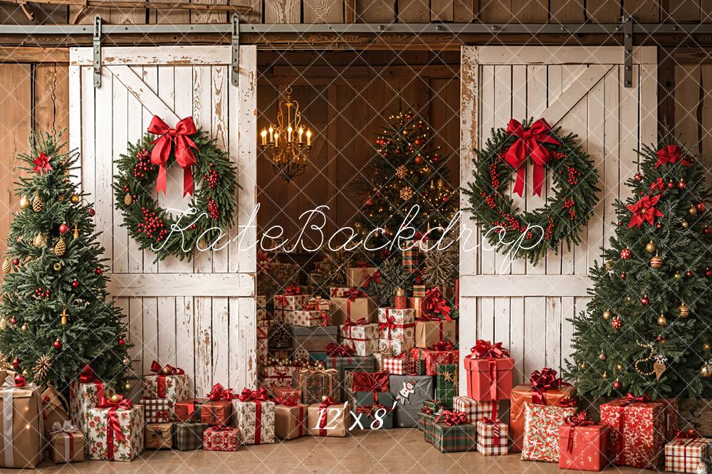 Kate Christmas White Barn Wreath Gifts Trees Fleece Backdrop Designed by Emetselch -UK