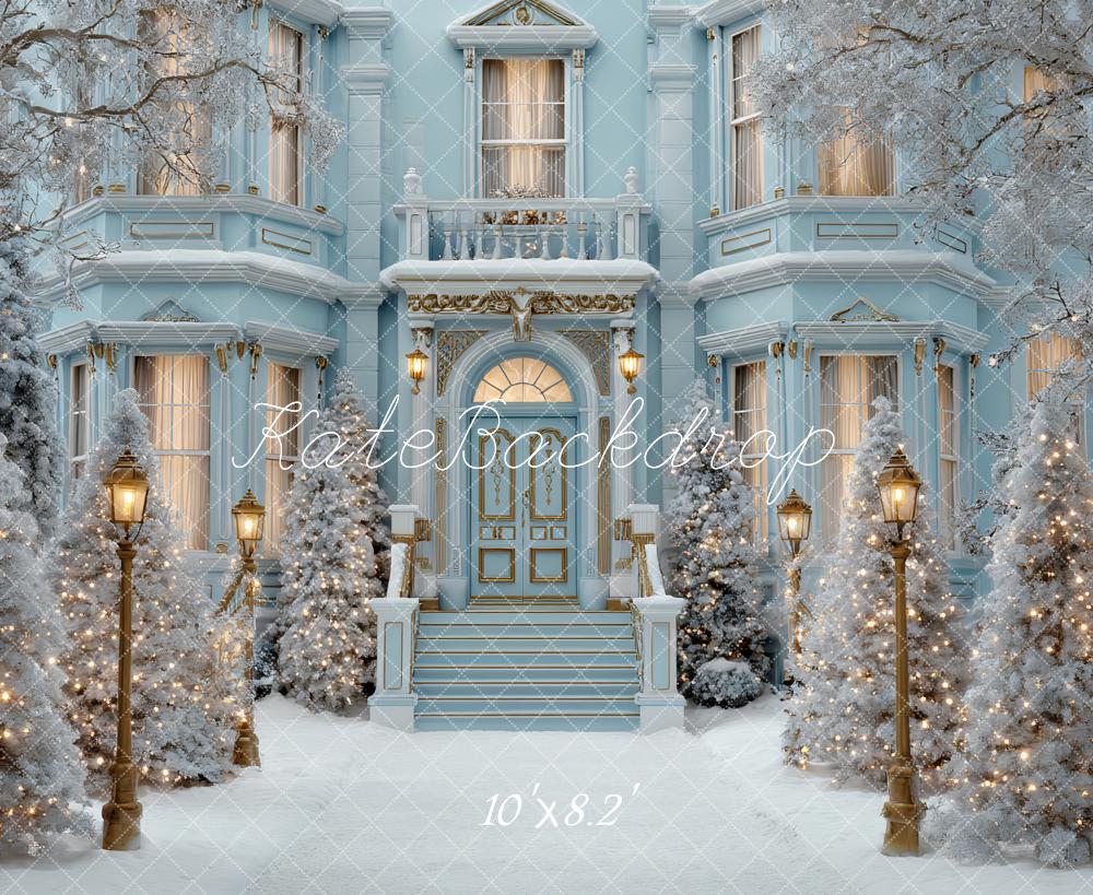 Kate Winter Blue Mansion Snow Lights Backdrop Designed by Ashley Paul