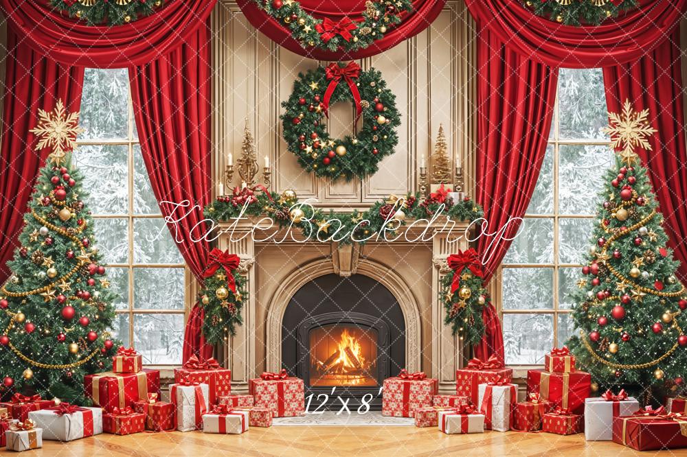 Kate Christmas Fireplace Wreath Red Curtains Fleece Backdrop Designed by Emetselch -UK