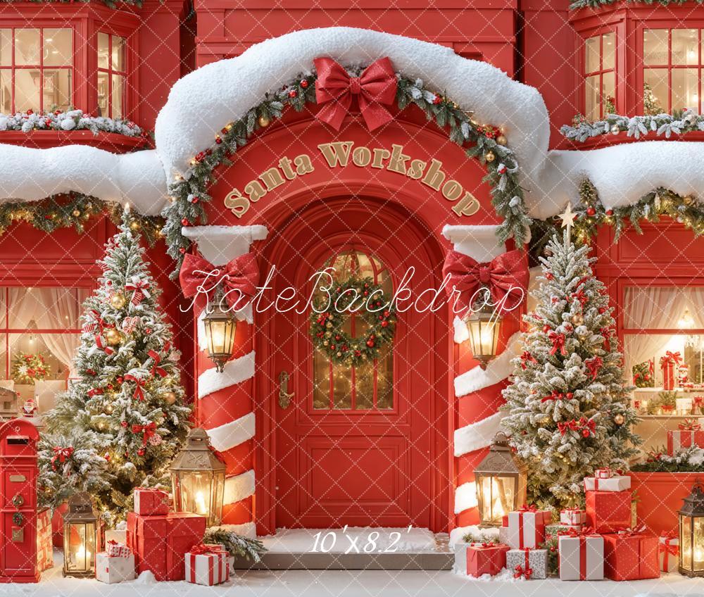 Kate Christmas Santa Workshop Snowy Trees Presents Fleece Backdrop Designed by Emetselch -UK