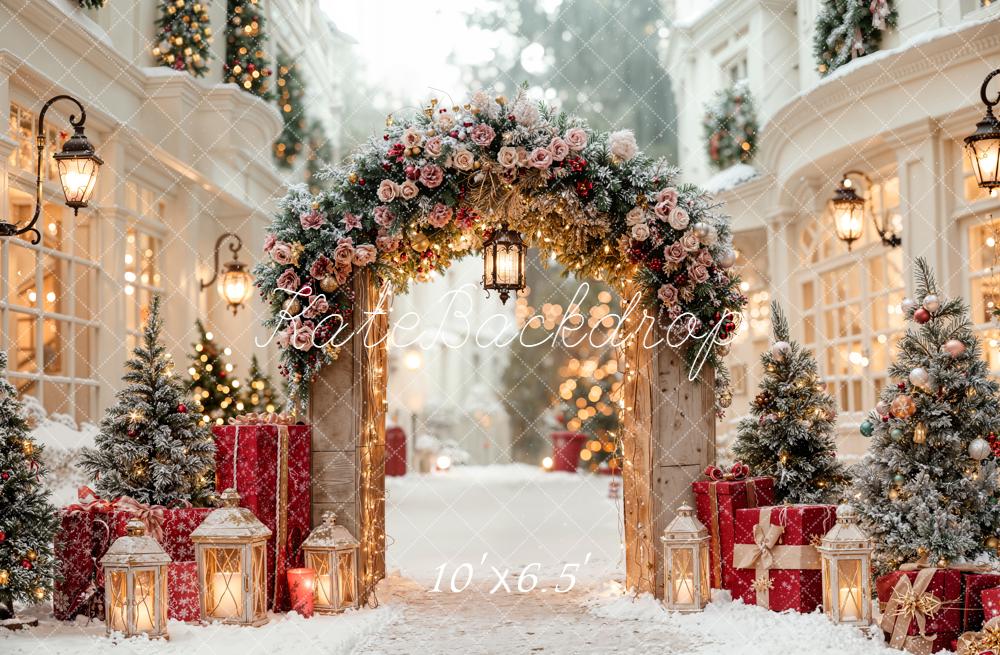 Kate Christmas Arch Door Snowy Street Backdrop Designed by Emetselch -UK