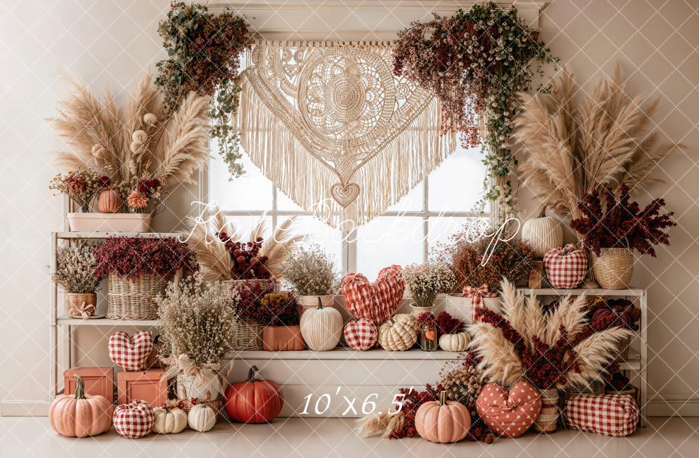 Kate Autumn Boho Pumpkins Macrame Window Fleece Backdrop Designed by Emetselch -UK