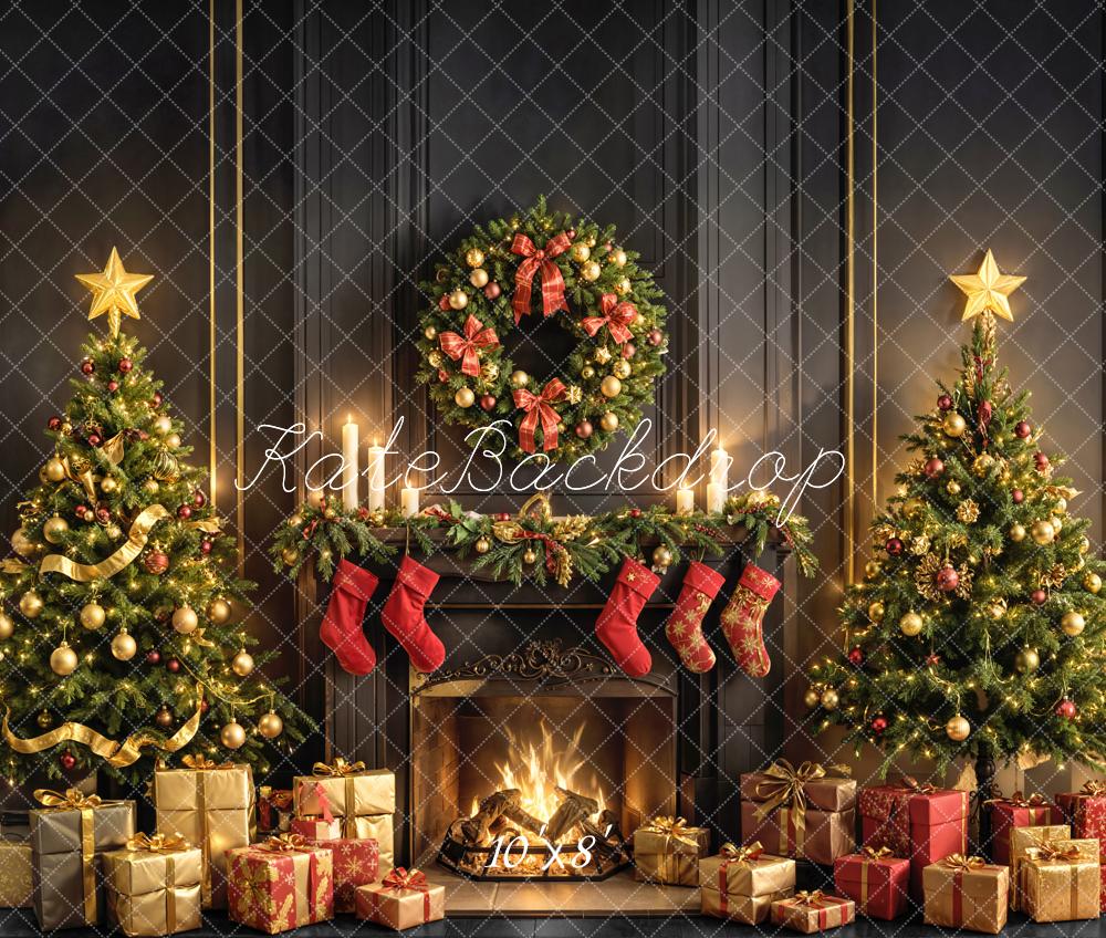 Kate Christmas Fireplace Wreath Trees Gifts Fleece Backdrop Designed by Emetselch