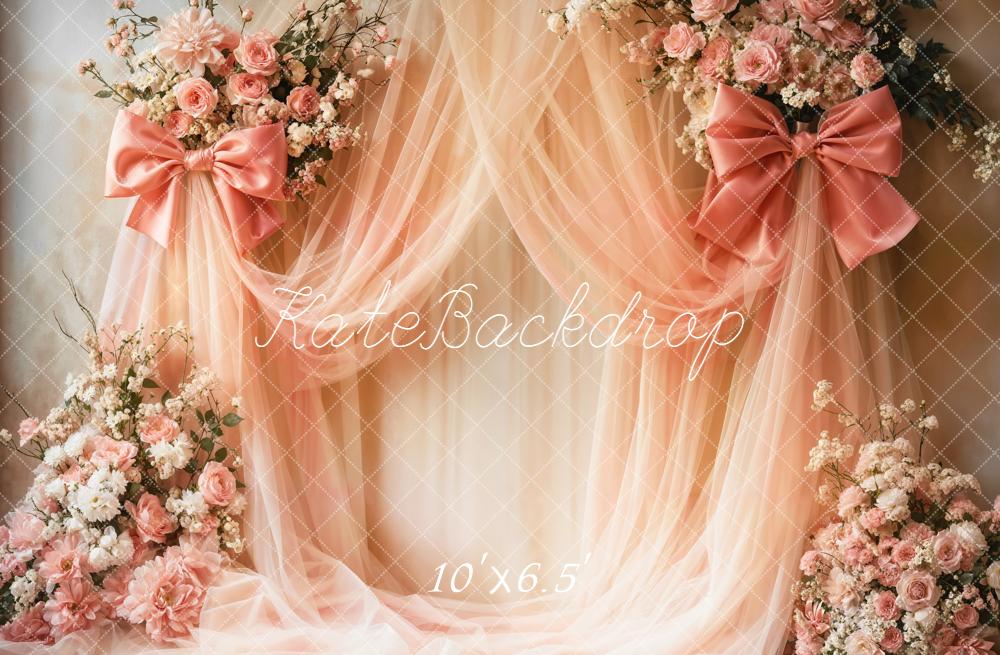 Kate Pink Drapes Bow Floral Fleece Backdrop Designed by Emetselch