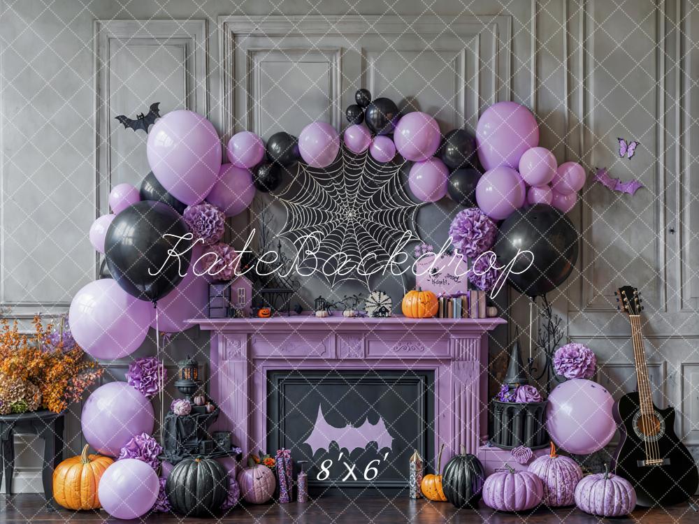 Kate Halloween Purple Fireplace Balloons Fleece Backdrop Designed by Emetselch -UK