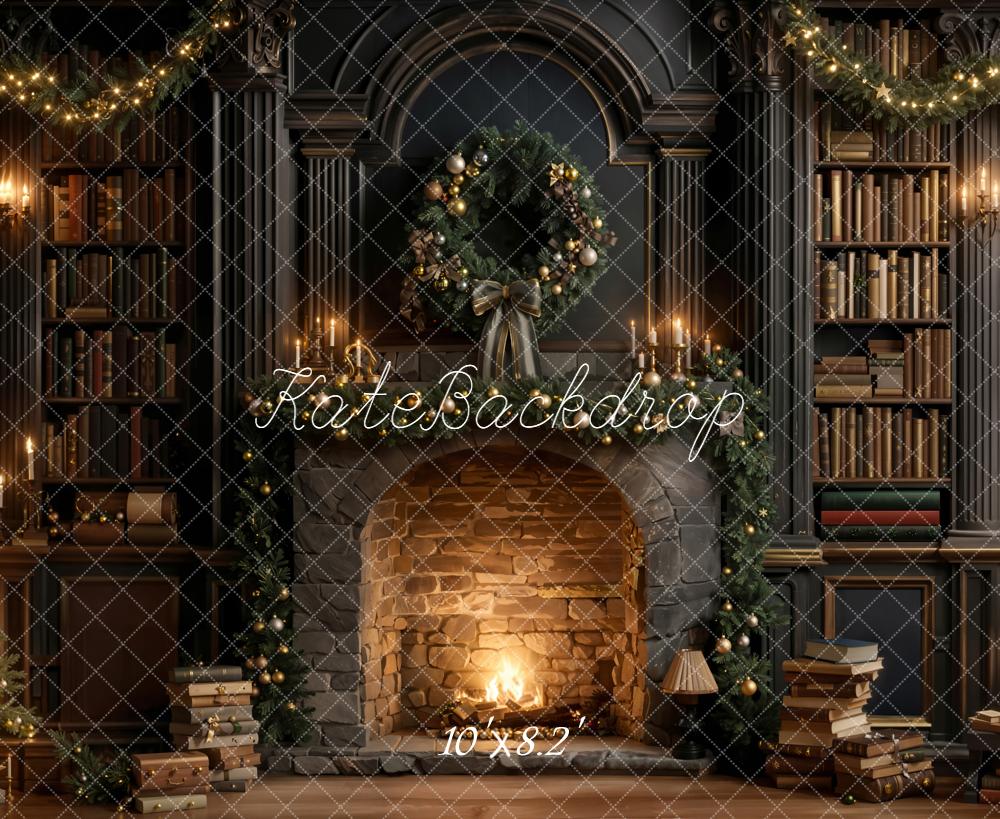 Kate Christmas Fireplace Wreath Bookshelves Backdrop Designed by Emetselch