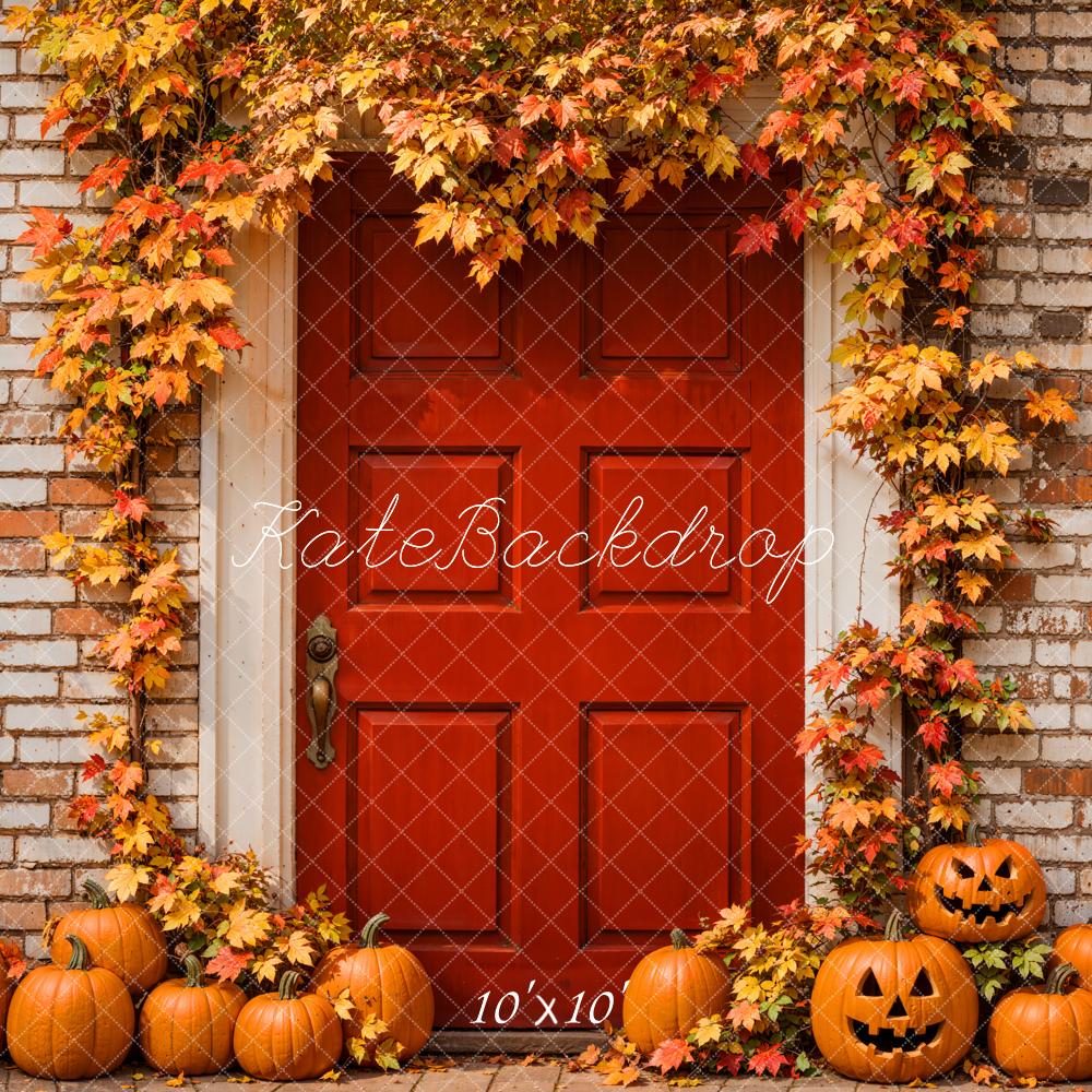 Kate Autumn Halloween Maple Leaves Red Door Backdrop Designed by Emetselch -UK