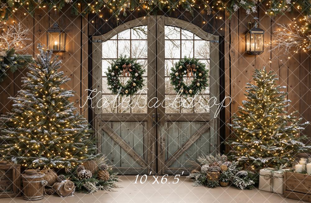 Kate Christmas Rustic Door Wreaths Trees Backdrop Designed by Emetselch -UK