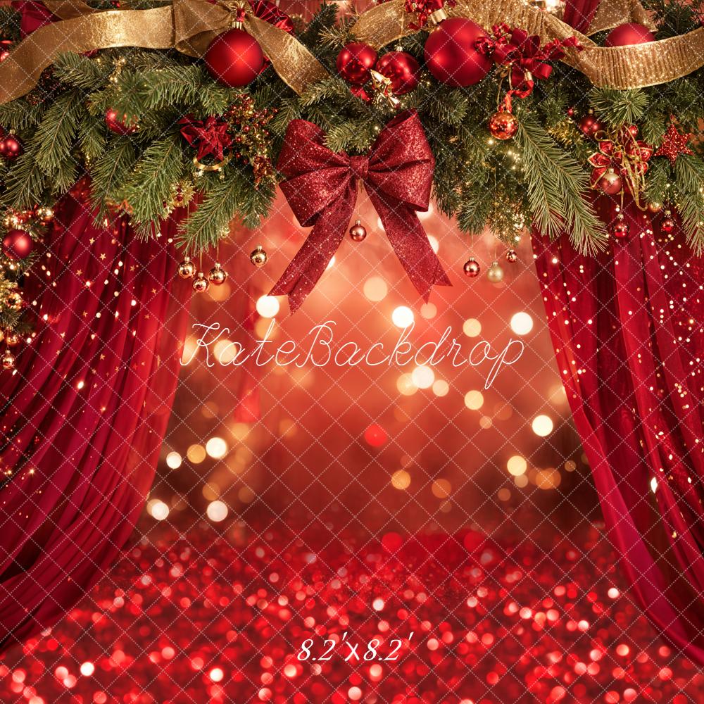 Kate Christmas Garland Red Curtains Bokeh Backdrop Designed by Emetselch -UK