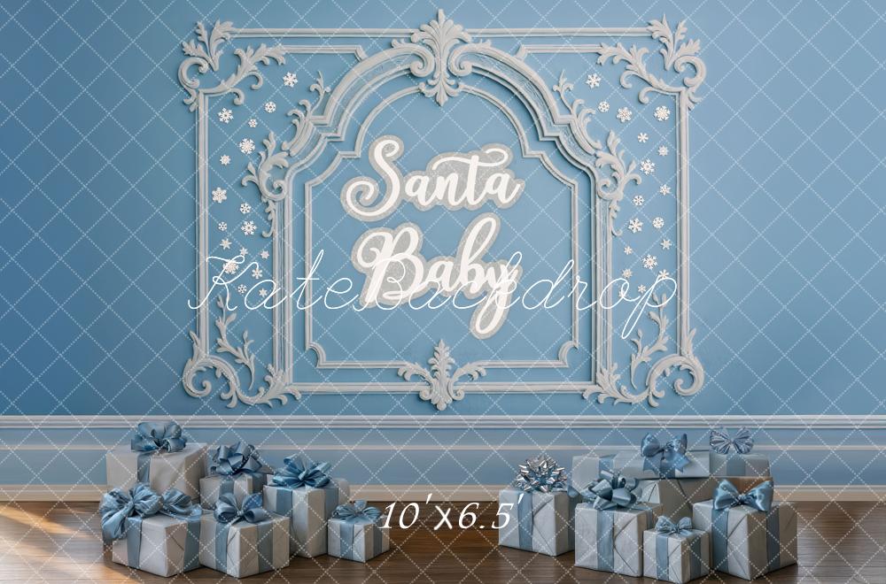 Kate Christmas Blue Ornate Frame Presents Backdrop Designed by Mini MakeBelieve -UK