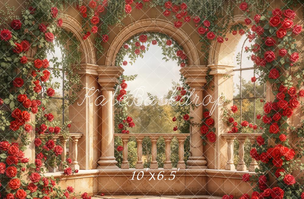 Kate Red Roses Stone Balcony Arches Backdrop Designed by Emetselch -UK