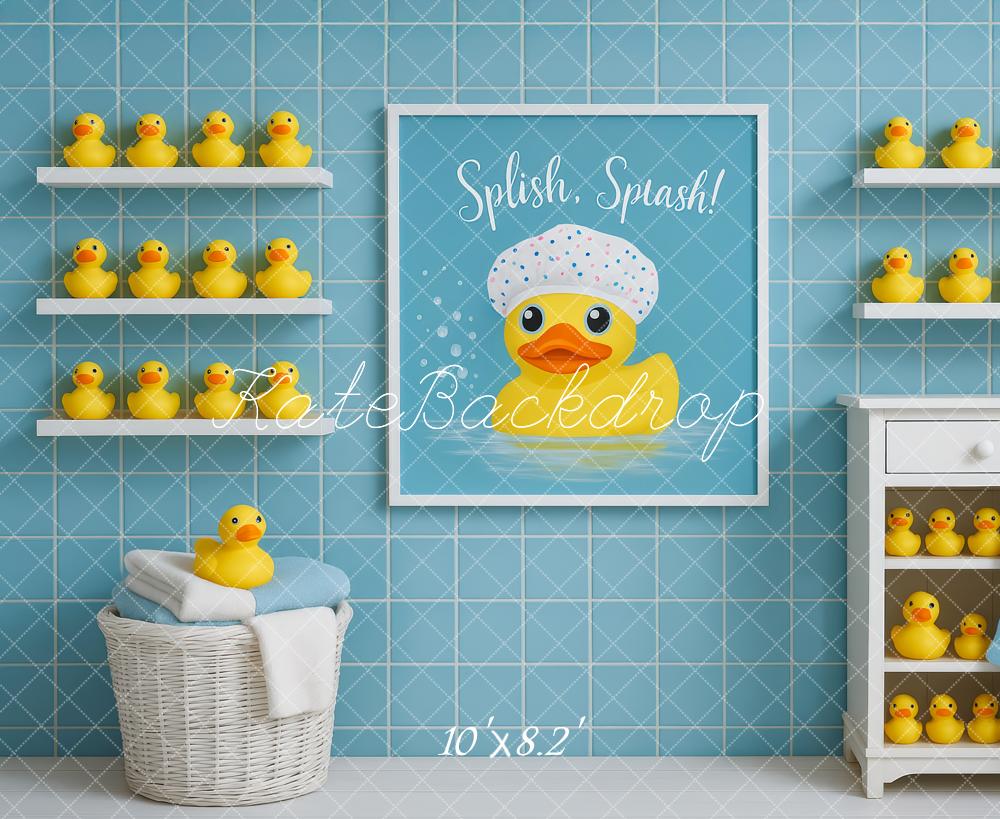Kate Duck Bathrobe Blue Tiles Backdrop Designed by Patty Robert -UK