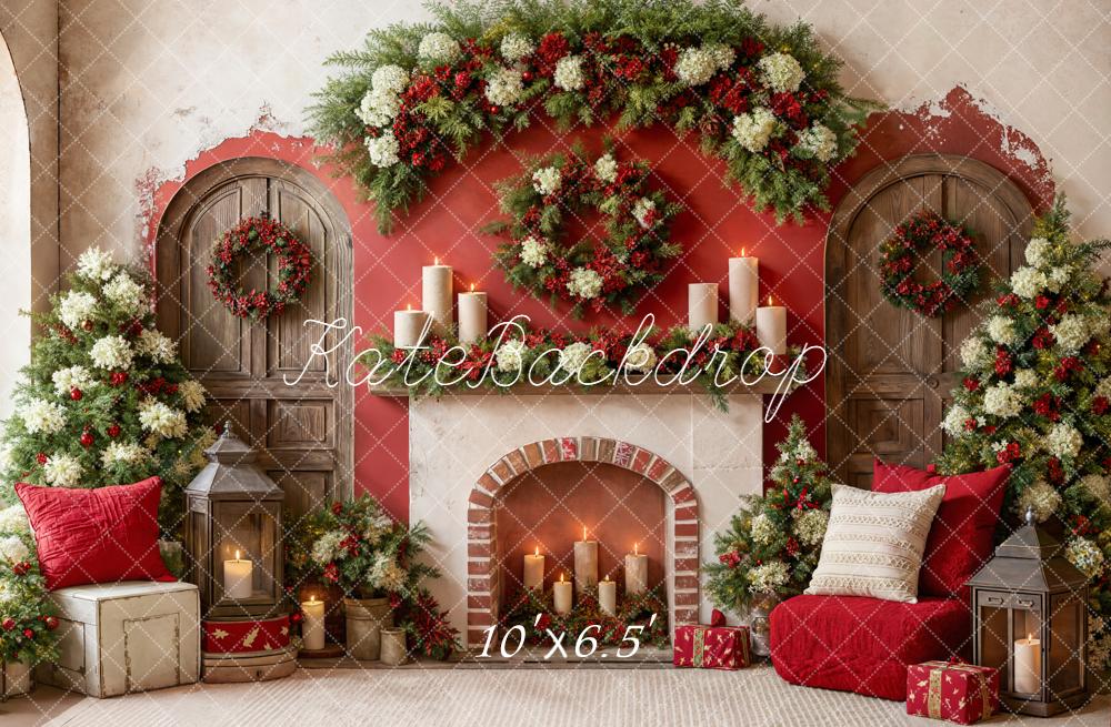 Kate Christmas Fireplace Garland Candles Fleece Backdrop Designed by Emetselch -UK
