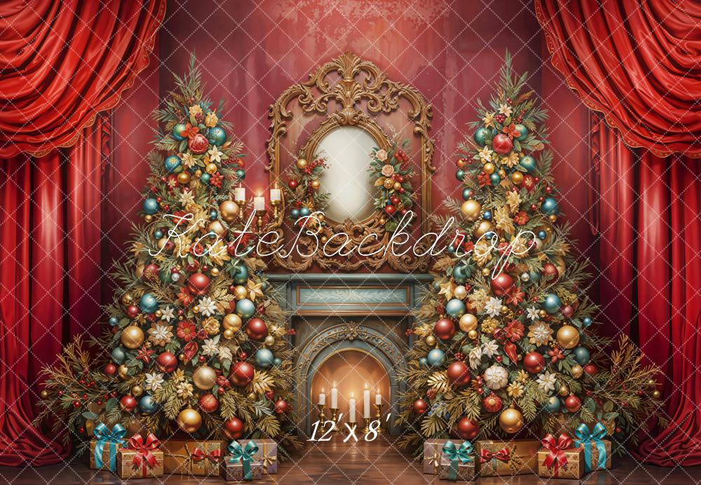 Kate Christmas Tree Fireplace Red Curtains Fleece Backdrop Designed by Emetselch