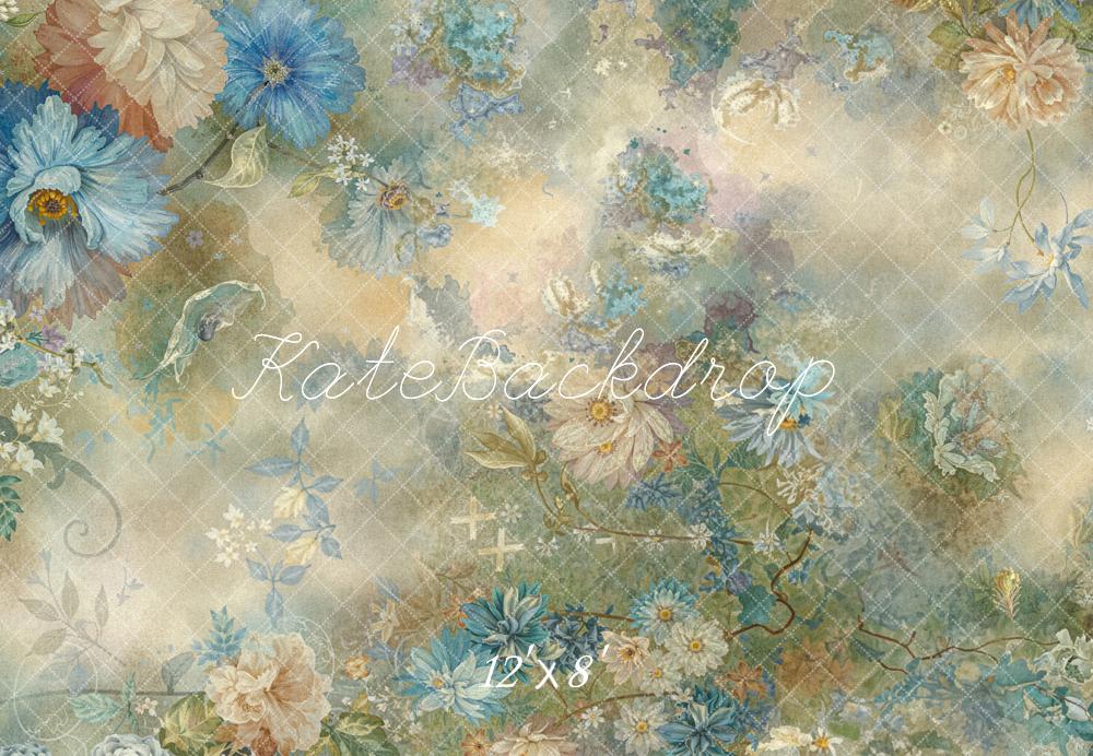Kate Vintage Blue Beige Flowers Fleece Backdrop Designed by Emetselch -UK