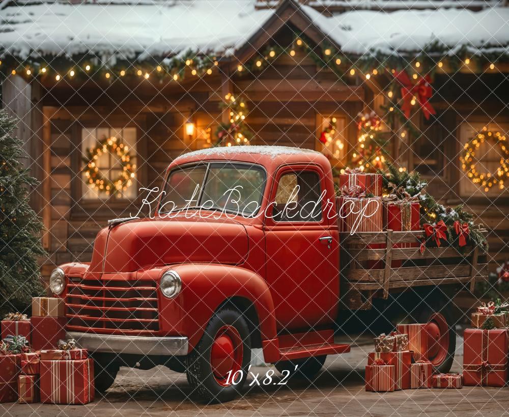 Kate Christmas Red Truck Gifts Cabin Backdrop Designed by Emetselch -UK