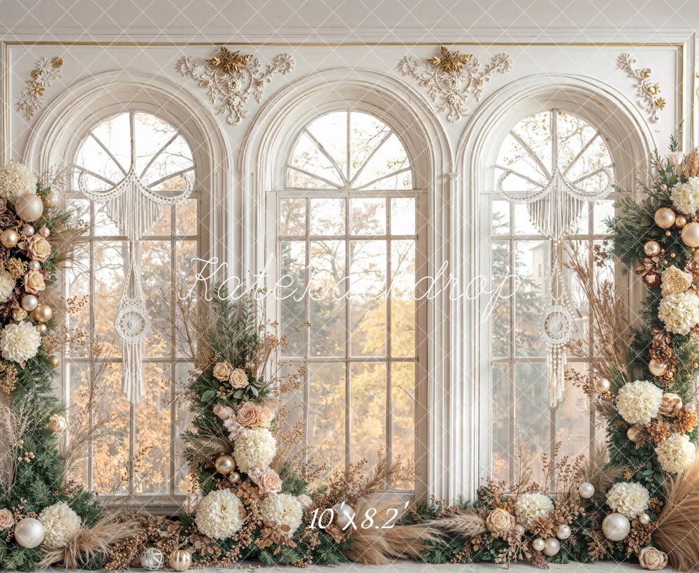 Kate Floral Arch Ornate Windows Christmas Backdrop Designed by Emetselch -UK