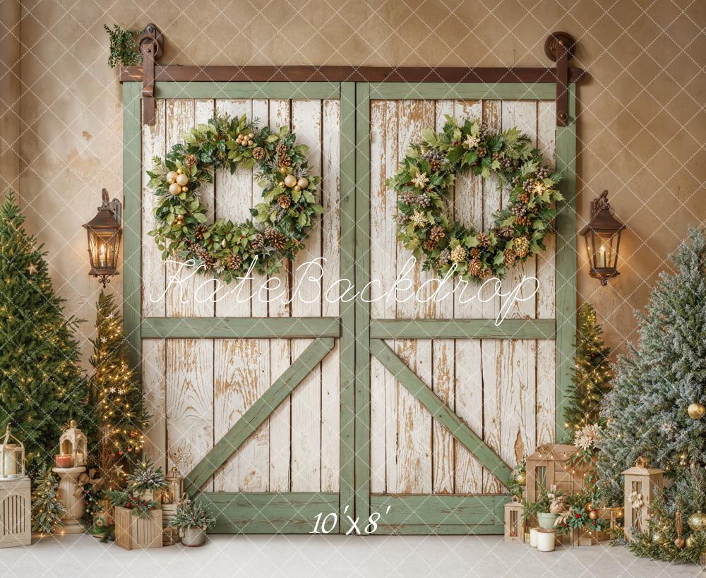 Kate Christmas Barn Door Wreath Trees Fleece Backdrop Designed by Emetselch -UK
