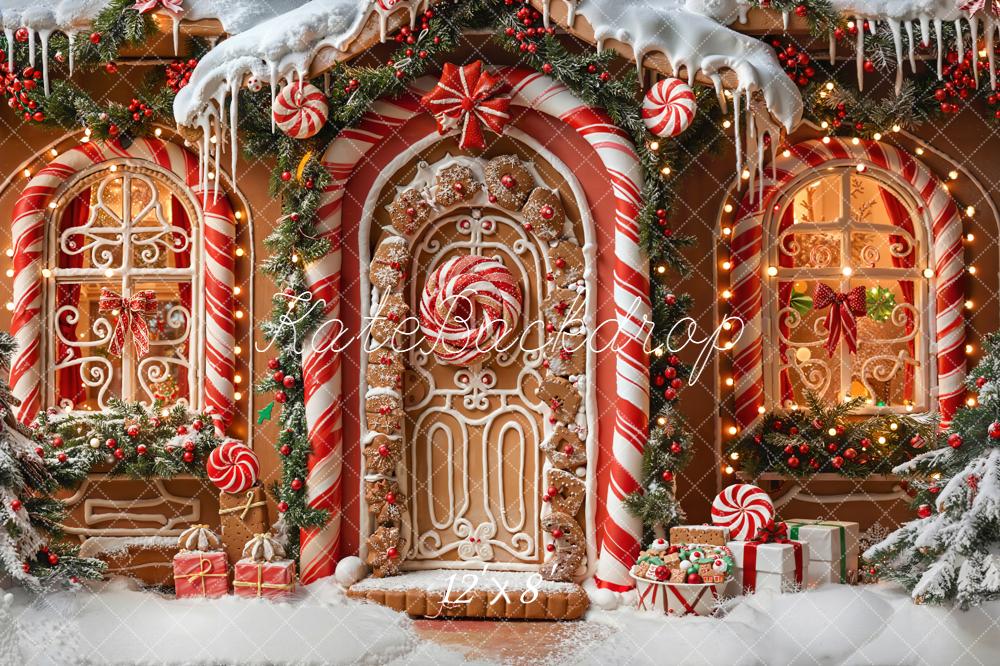 Kate Christmas Gingerbread House Candy Cane Fleece Backdrop Designed by Emetselch -UK