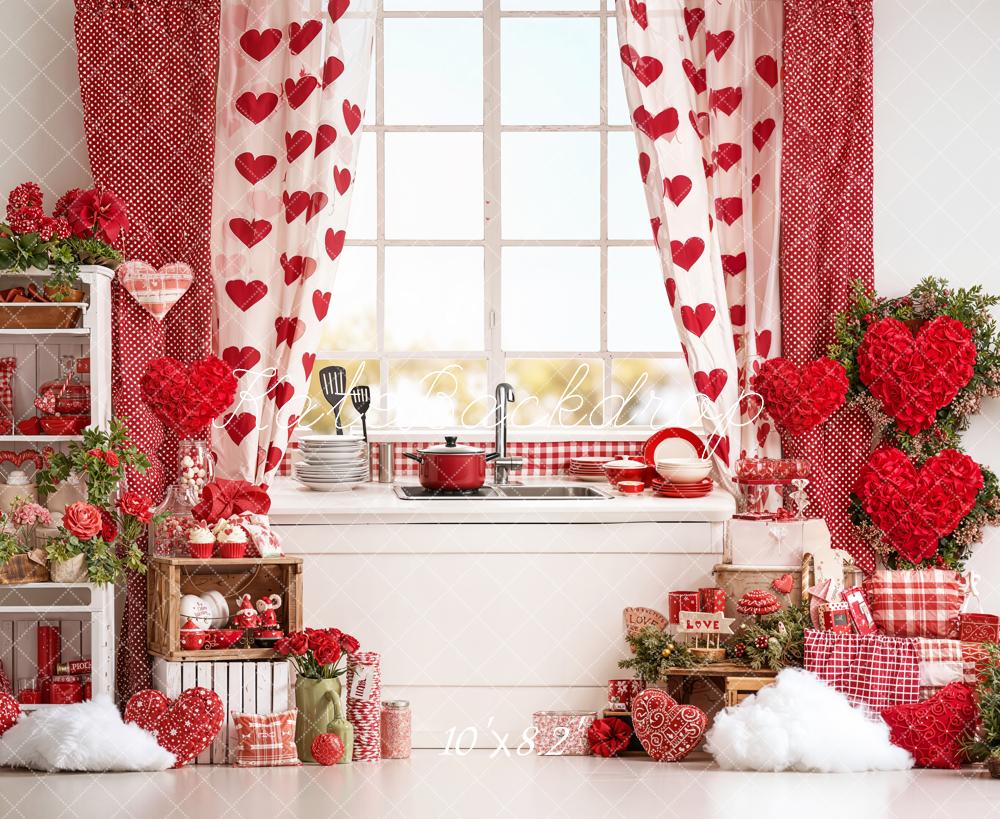 Kate Valentine Kitchen Hearts Decor Red Backdrop Designed by Emetselch -UK