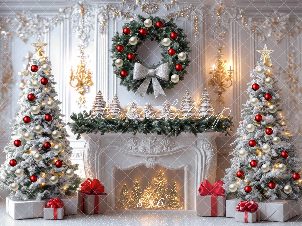 Kate Christmas White Fireplace Wreath Trees Backdrop Designed by Mini MakeBelieve -UK