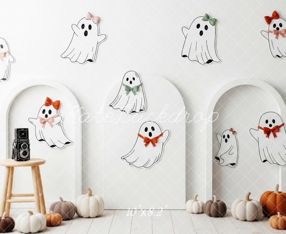 Kate Halloween Cute Ghosts Pumpkins White Backdrop Designed by Patty Robert