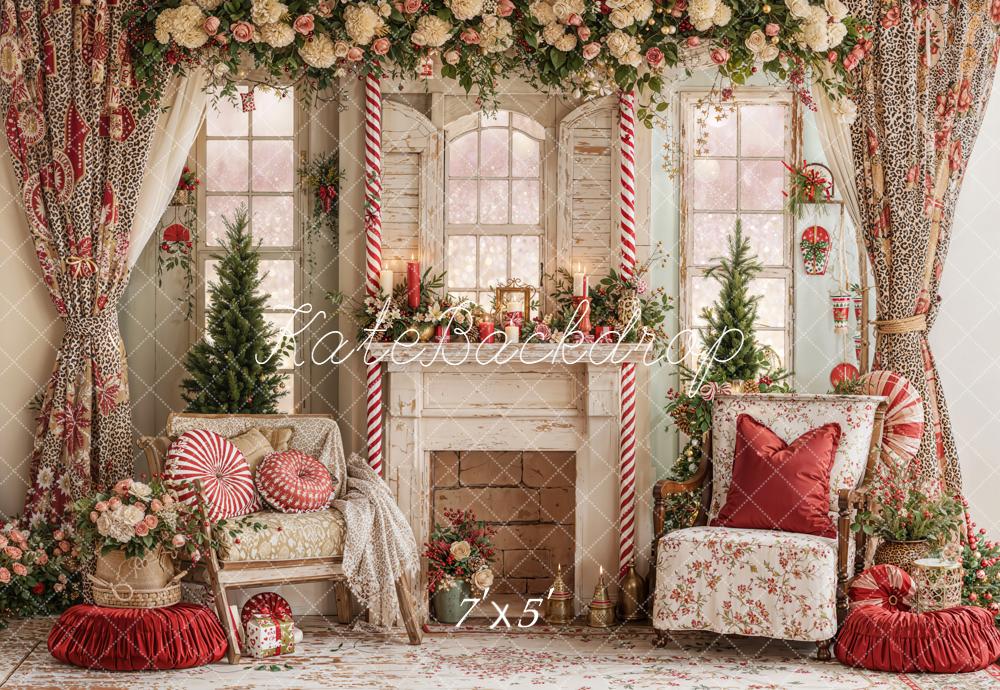 Kate Christmas Floral Fireplace Vintage Backdrop Designed by Emetselch -UK