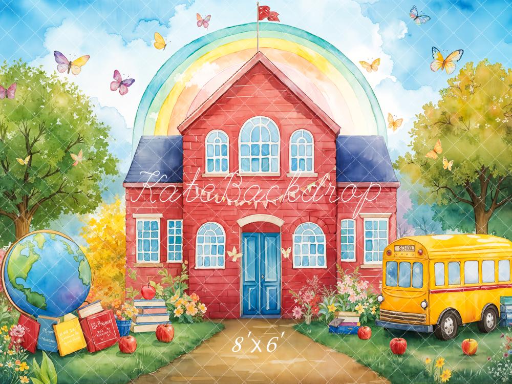 Kate Back To School Red house Bus Rainbow Backdrop Designed by Emetselch -UK