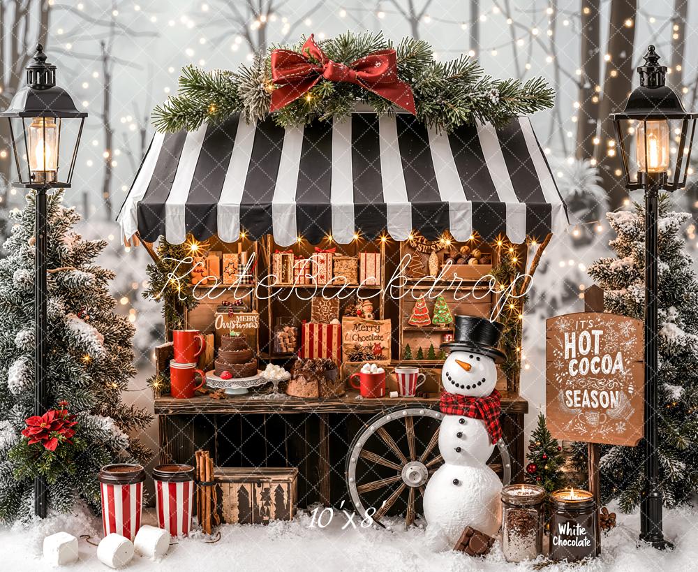 Kate Christmas Hot Cocoa Stand Snowy Trees Fleece Backdrop Designed by Emetselch -UK