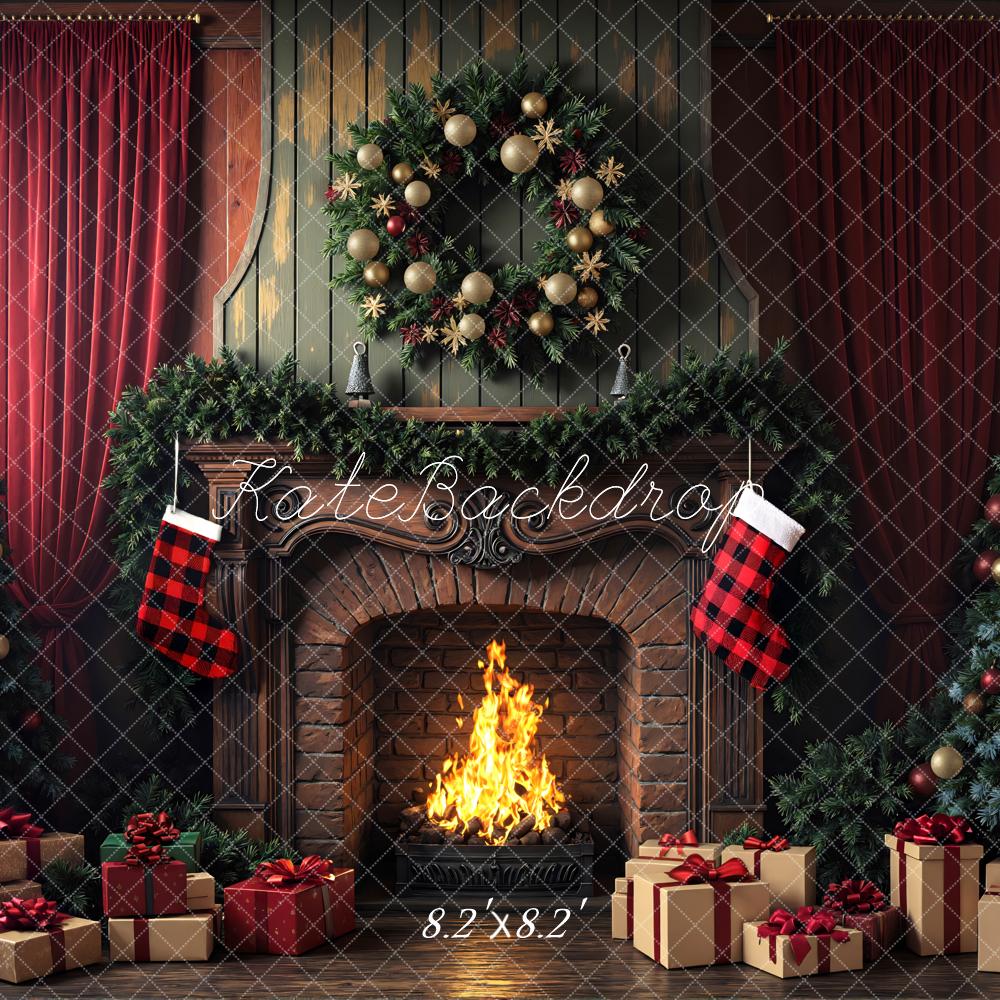 Kate Christmas Fireplace Wreath Stockings Trees Backdrop Designed by Mini MakeBelieve -UK