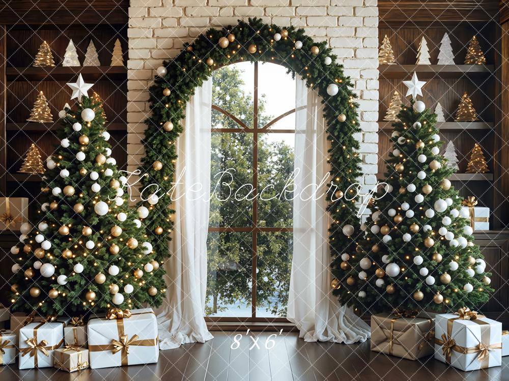 Kate Christmas Trees Garland White Brick Backdrop Designed by Mini MakeBelieve