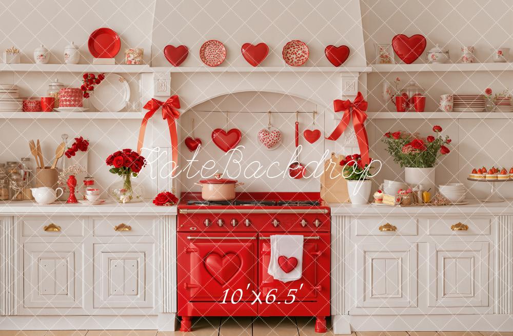 Kate Valentines Kitchen Red Stove Bows Hearts Backdrop Designed by Emetselch