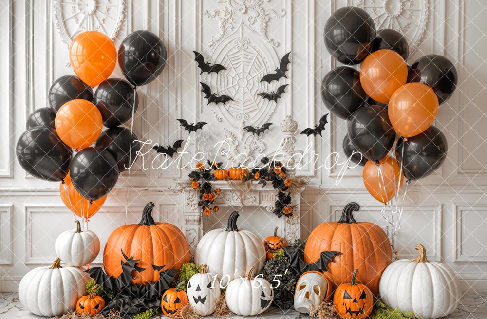 Kate Halloween Pumpkins Balloons Bats Backdrop Designed by Emetselch -UK
