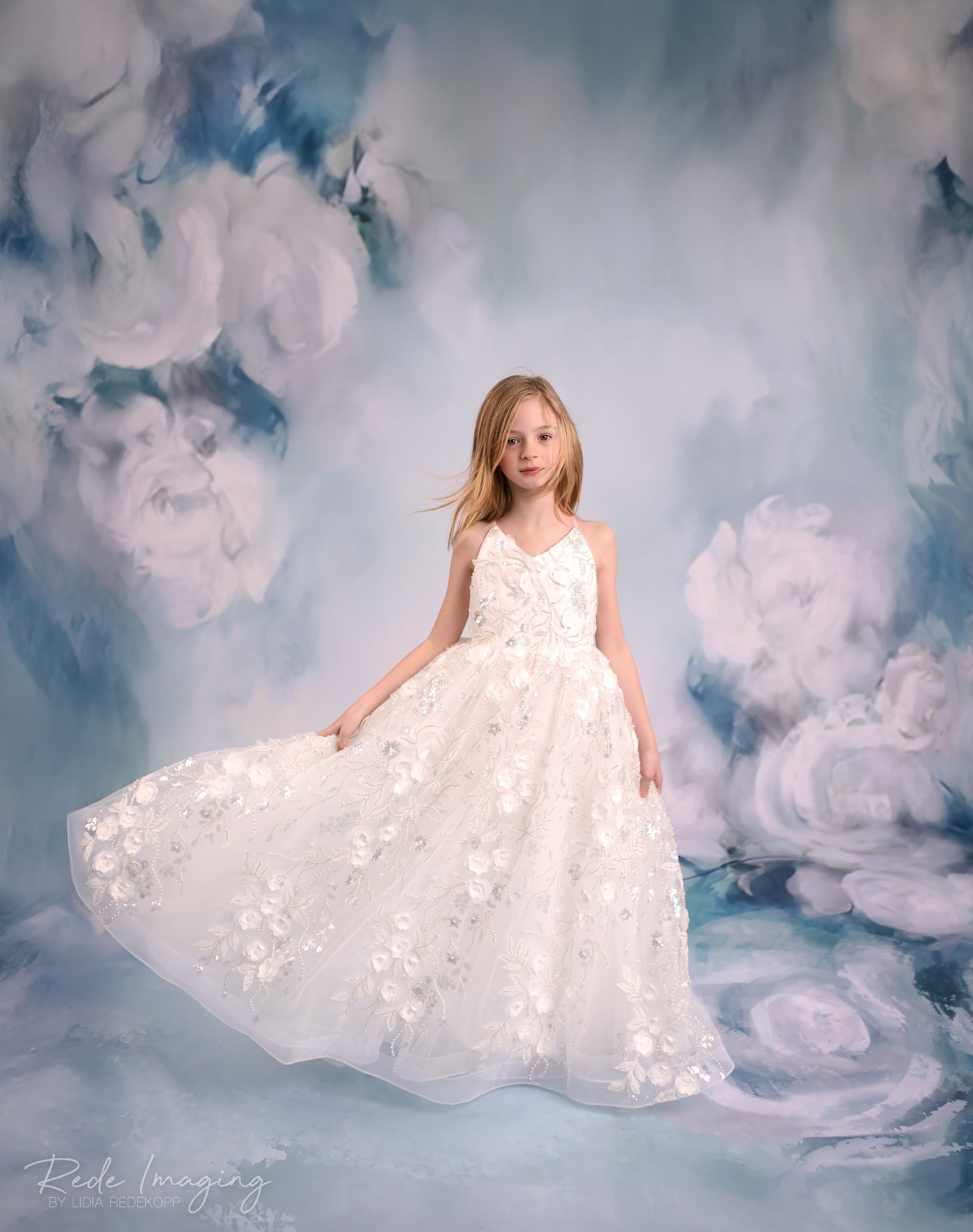 Kate Fine Art White Floral Blue Backdrop Designed by GQ -UK