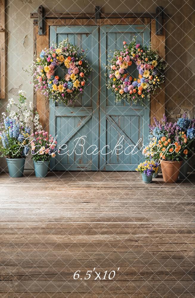 Kate Spring Floral Rustic Blue Door Backdrop Designed by Emetselch -UK
