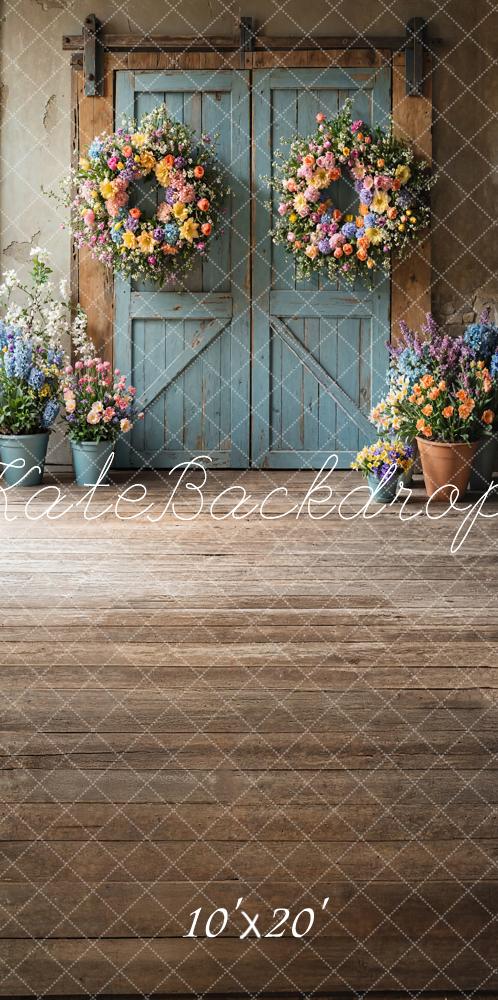 Kate Spring Floral Rustic Blue Door Backdrop Designed by Emetselch -UK