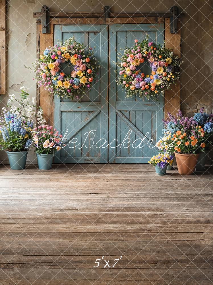 Kate Spring Floral Rustic Blue Door Backdrop Designed by Emetselch -UK