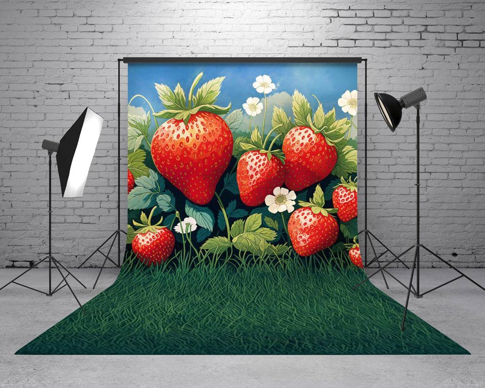On Sale Kate Sweep Summer Strawberry Field Grass Backdrop Designed by Emetselch -UK