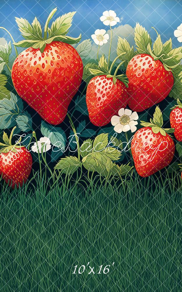 On Sale Kate Sweep Summer Strawberry Field Grass Backdrop Designed by Emetselch -UK