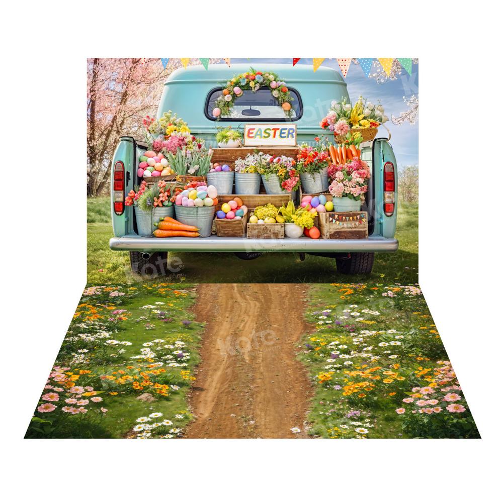 Kate Easter Truck Green Plant Backdrop+Spring Flowers Field Path Floor Backdrop -UK