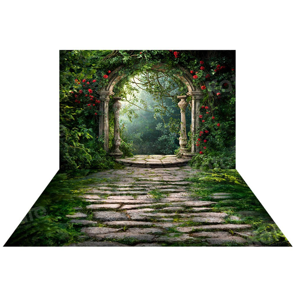 Kate Spring Forest Greenery Flowers Arch Backdrop+Green Grass Stone Floor Backdrop -UK