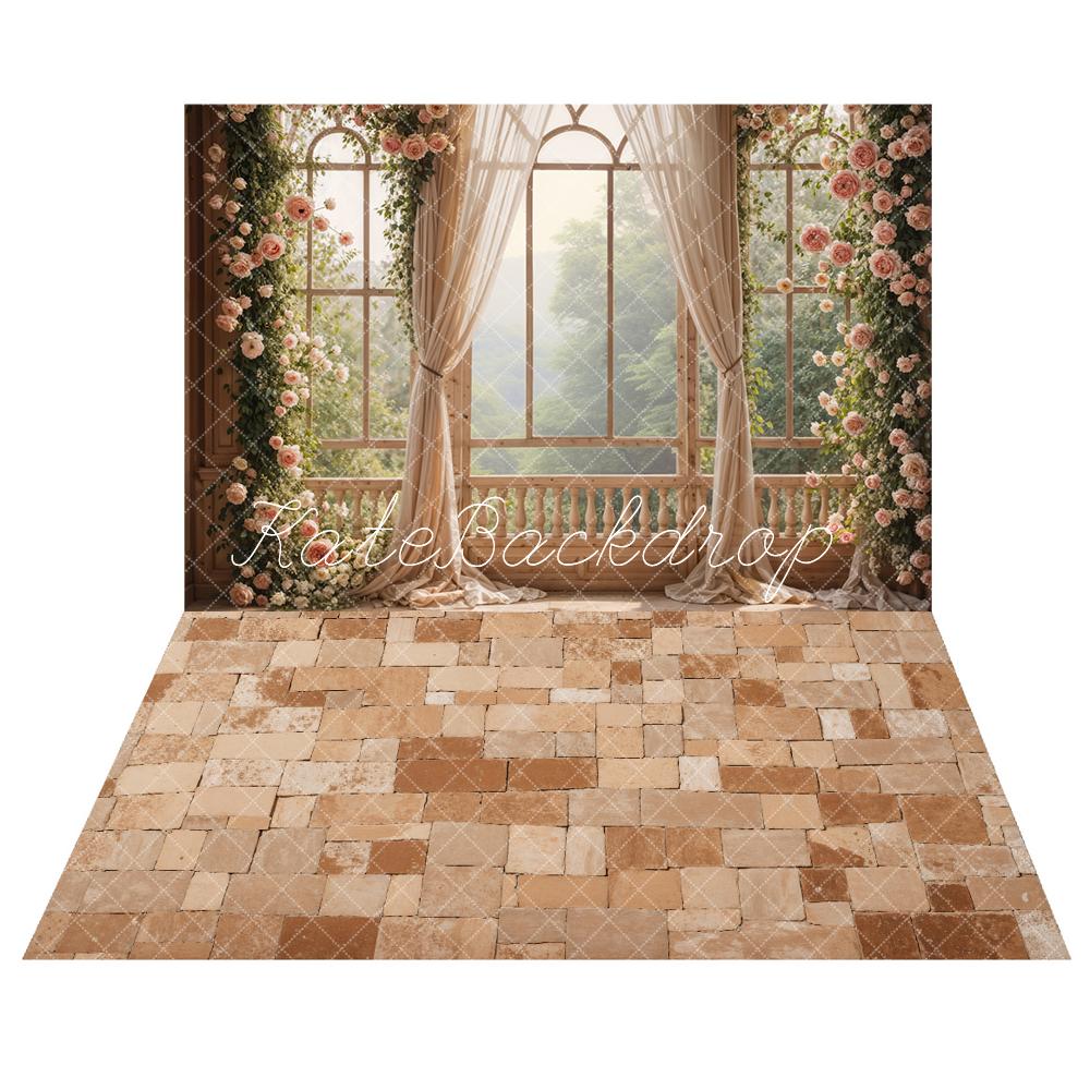 Kate Spring Flowers Window Room Backdrop+Distressed Brick Floor Backdrop -UK