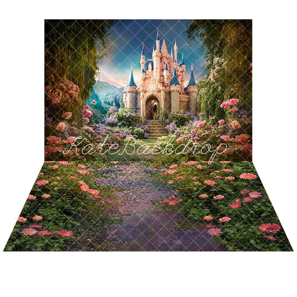 Kate Spring Fantasy Forest Flower Castle Backdrop+Pink Rose Stone Floor Backdrop