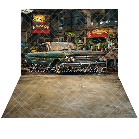 Kate Retro Garage Green Car Backdrop+Abstract Brown Land Floor Backdrop
