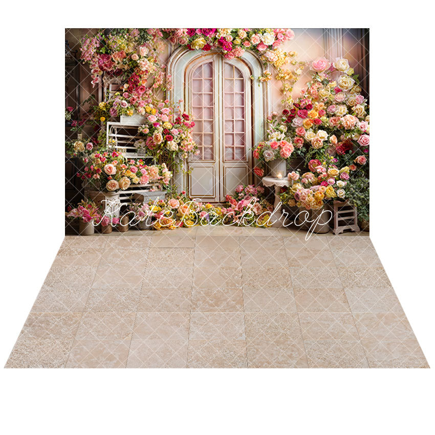 Kate Spring Flowers Room Backdrop +Brown Grid Tile Floor Backdrop