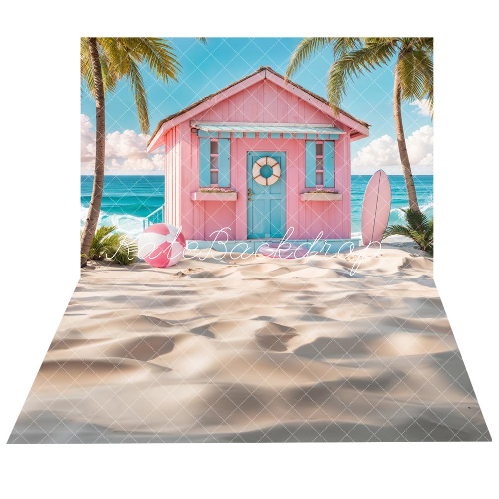 Kate Pink Hut Beach Summer Backdrop+Beach Sand Floor Backdrop -UK