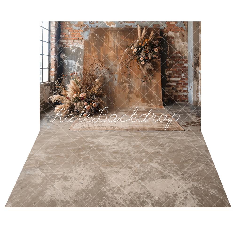 Kate Boho Dark Brown Reed Floral Brick Wall Backdrop+Abstract Brown Floor Backdrop -UK